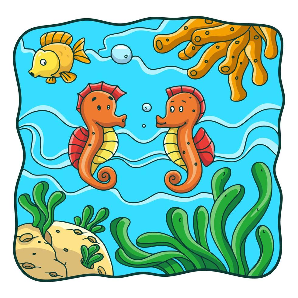 cartoon illustration two seahorses and one fish are in the water vector