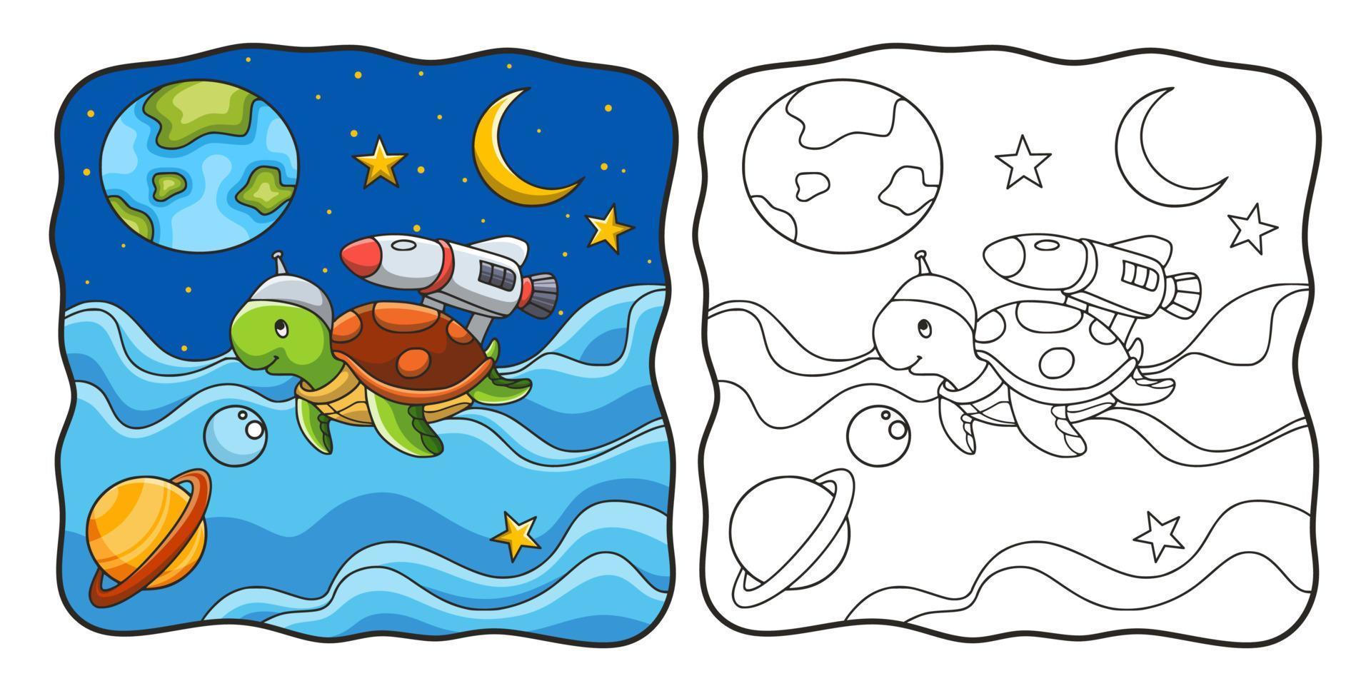 cartoon illustration turtle flying on rocket coloring book or page for kids black and white vector