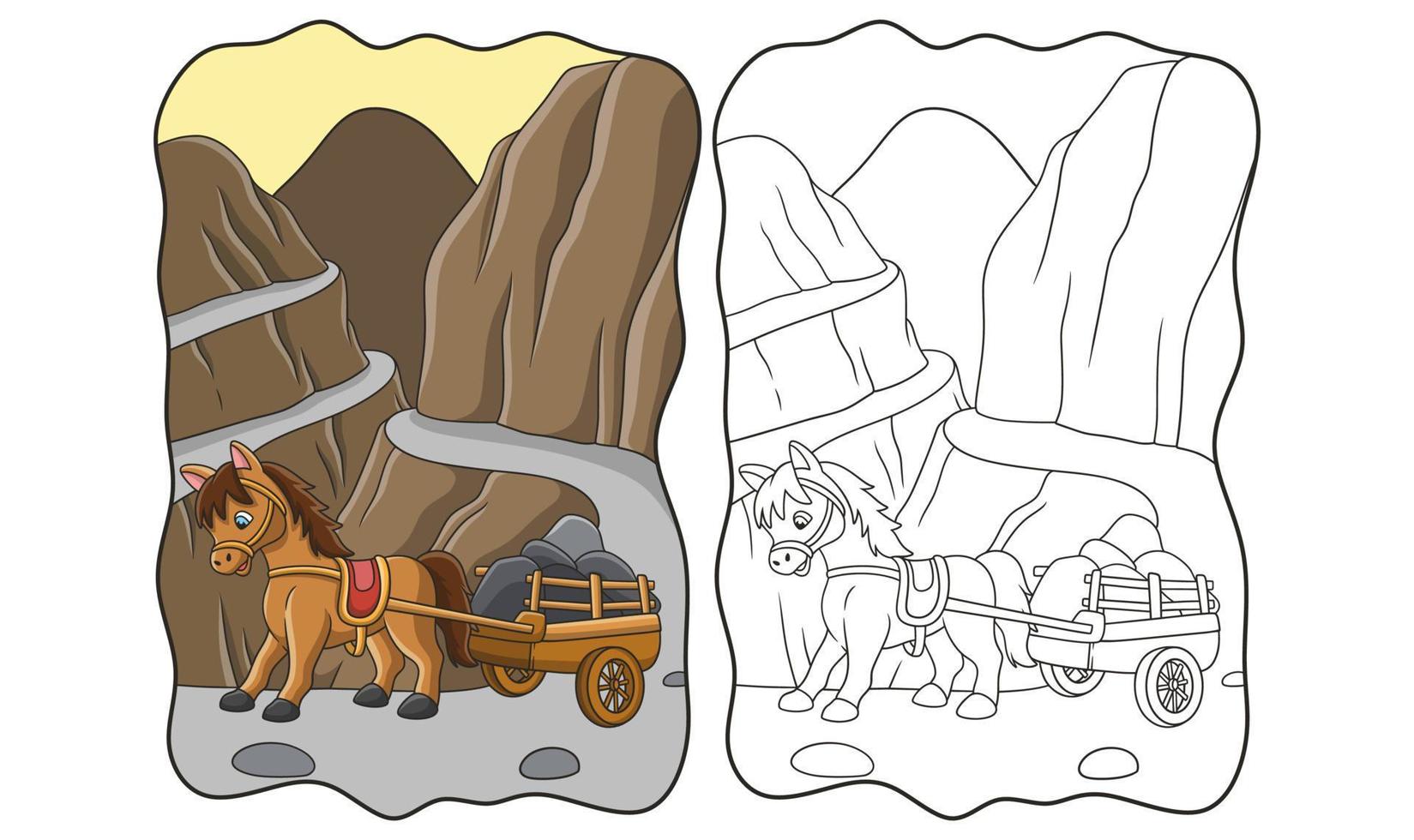 cartoon illustration a horse carrying a cart filled with stones through the road near the ravine book or page for kids vector