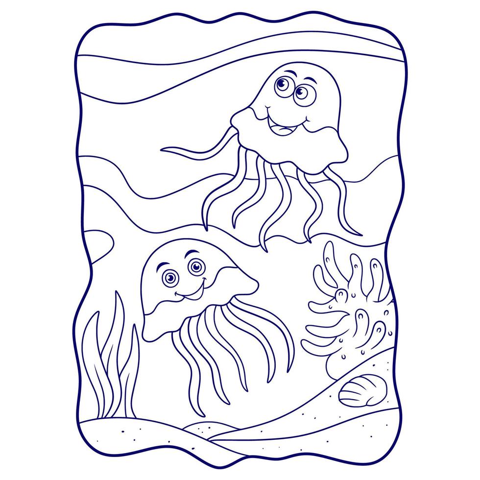 ilustración de dibujos animados dos medusas nadando cerca del océano arrecife de coral libro o página para niños en blanco y negro vector