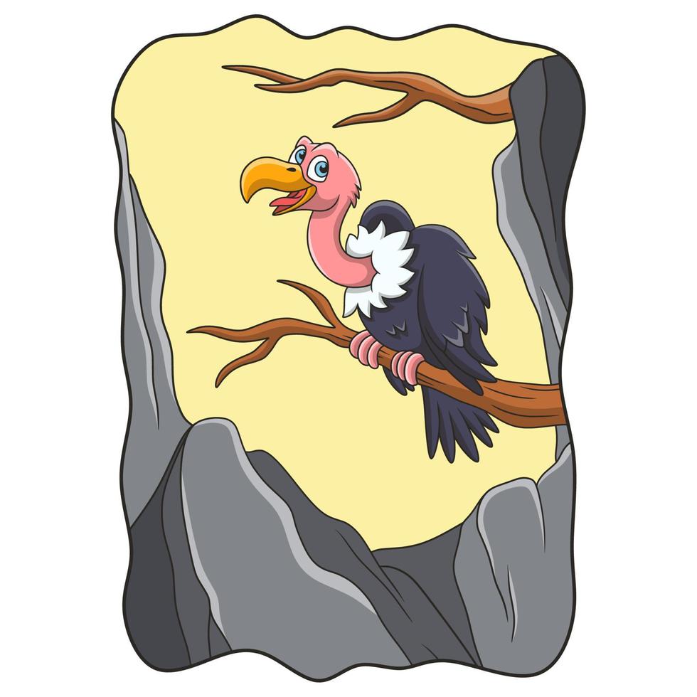 cartoon illustration an ostrich perched on a tree trunk near a rock cliff vector