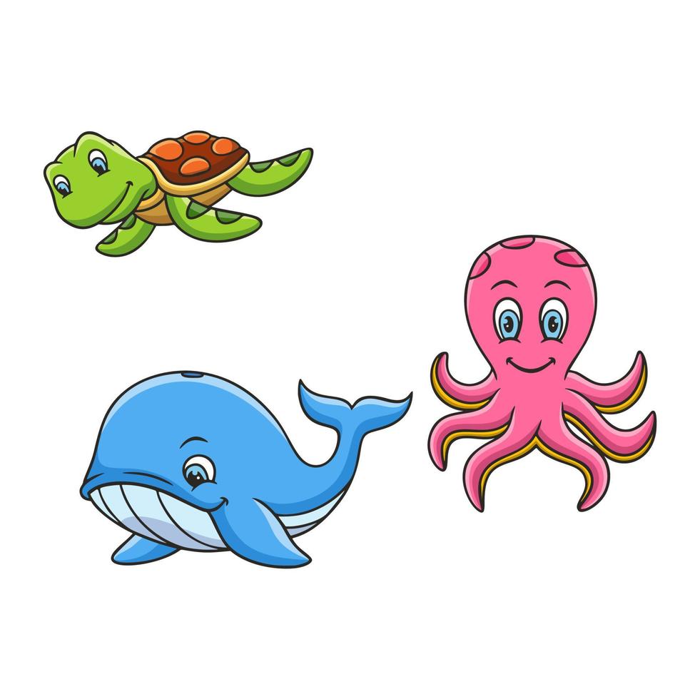 cartoon illustration underwater life of turtles, whales and octopuses vector