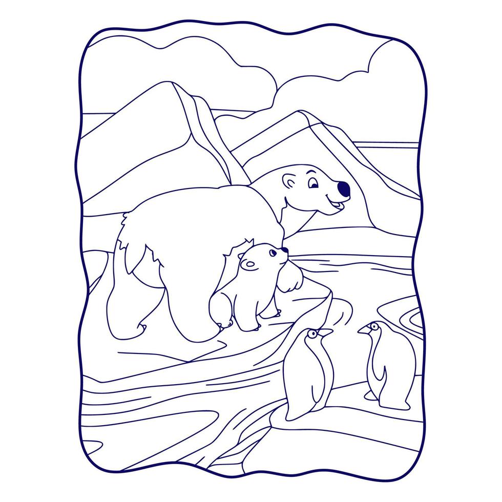 cartoon illustration bears and penguins are on an ice cube book or page for kids black and white vector