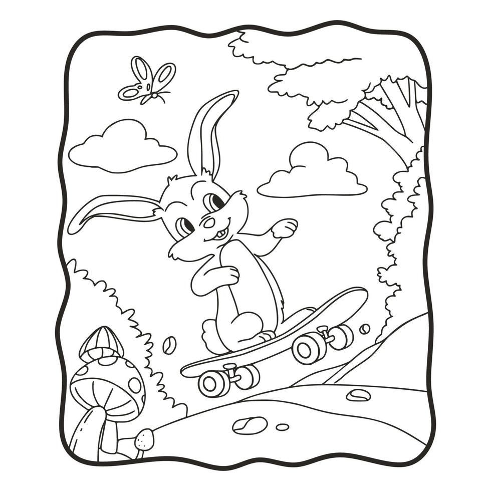 cartoon illustration rabbit skateboarding coloring book or page for kids black and white vector