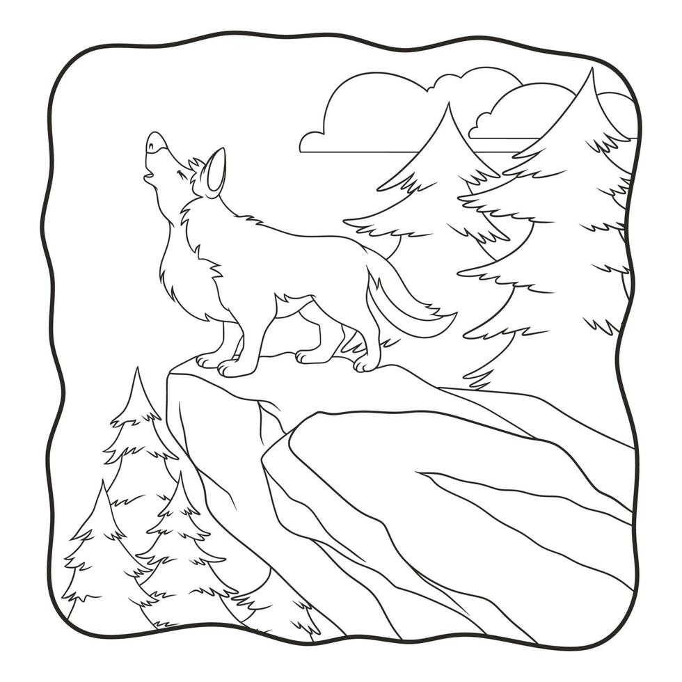 cartoon illustration the wolf roars on the boulder book or page for kids black and white vector