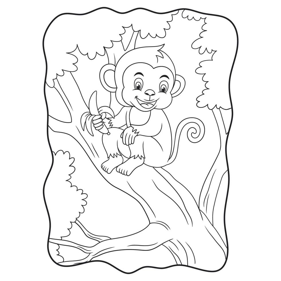 cartoon illustration monkey eating banana on the tree book or page for kids black and white vector