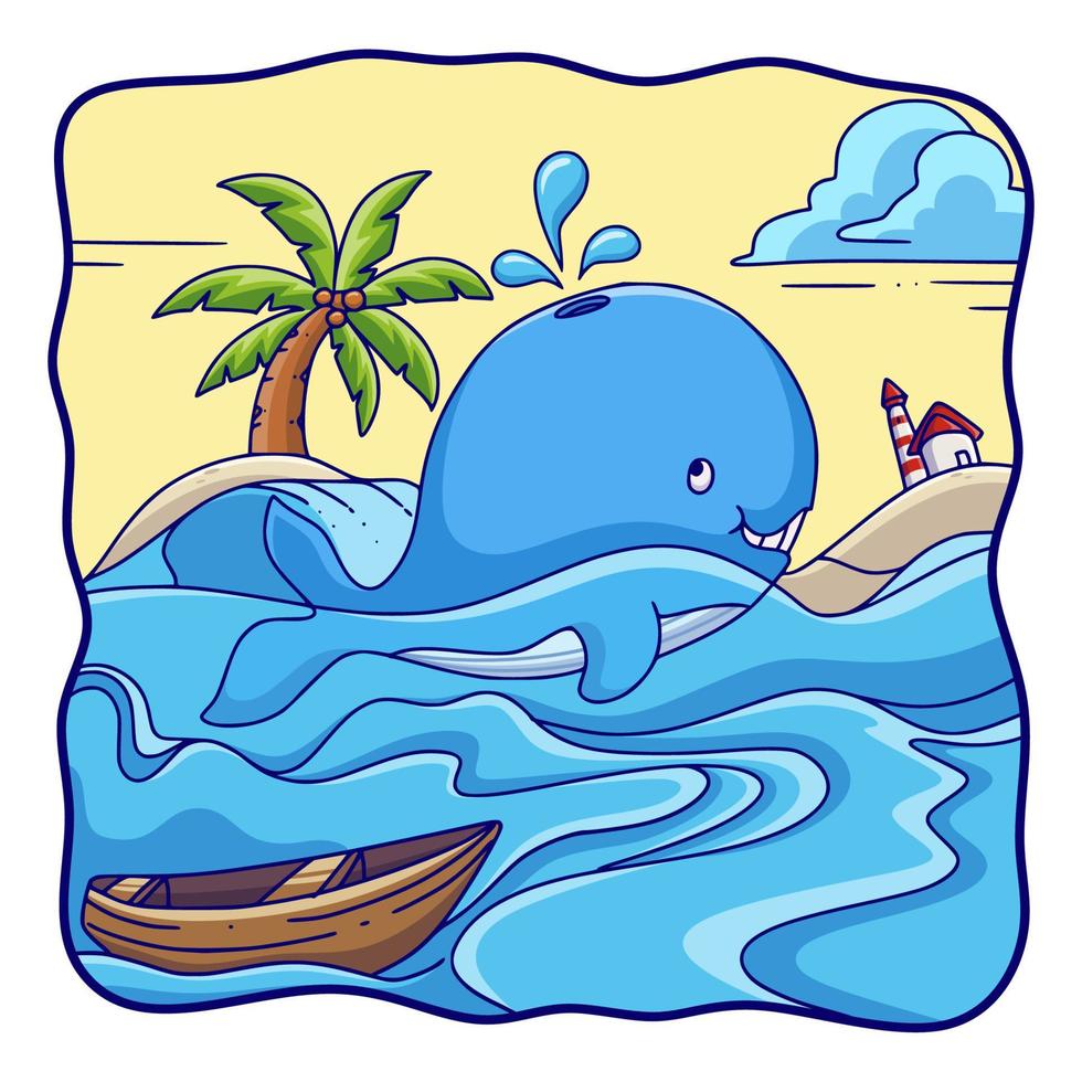 cartoon illustration Whale swims in the sea and spouts water from above his head vector