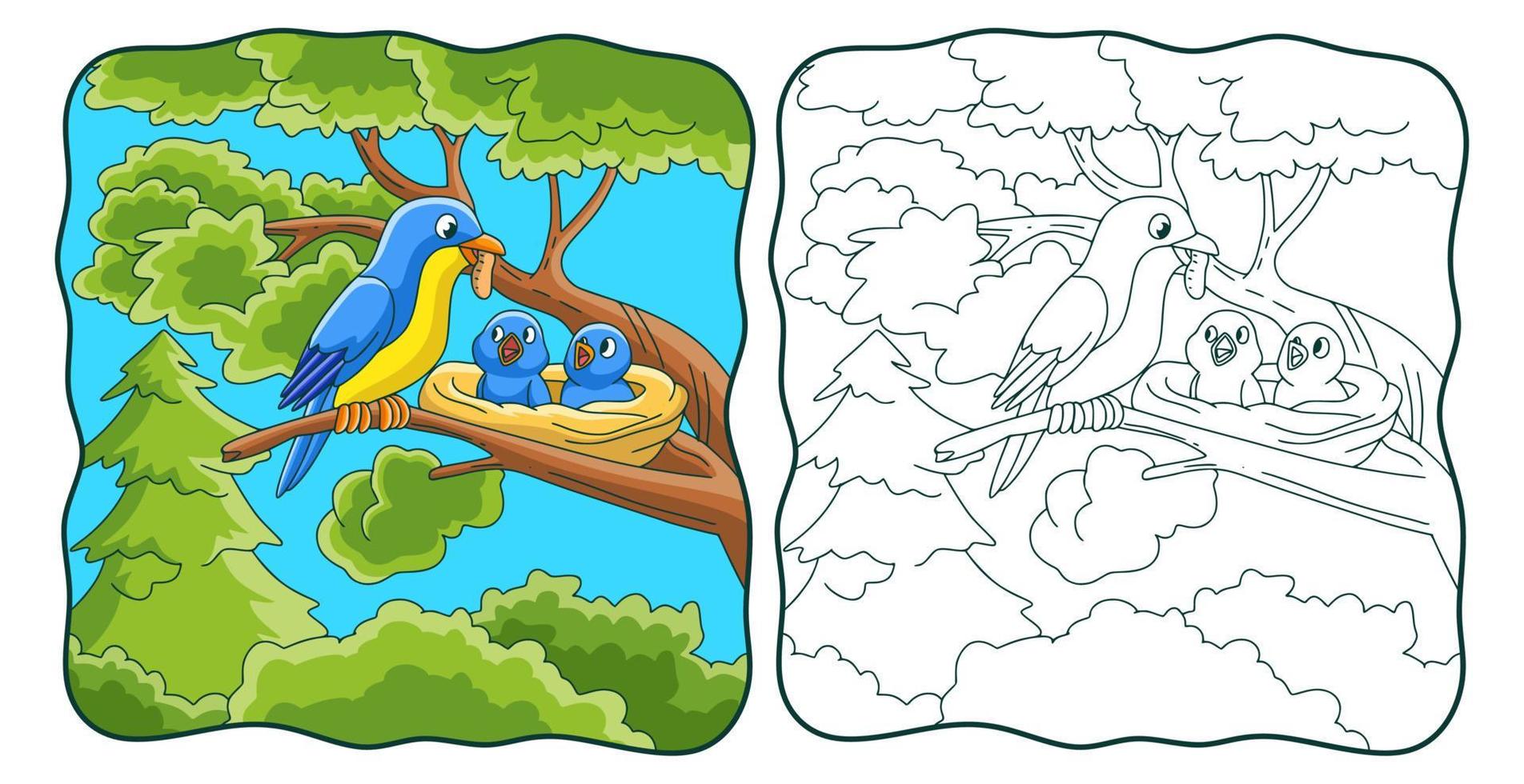 ilustración de dibujos animados pájaros traen comida y se posan en árboles libro o página para niños vector