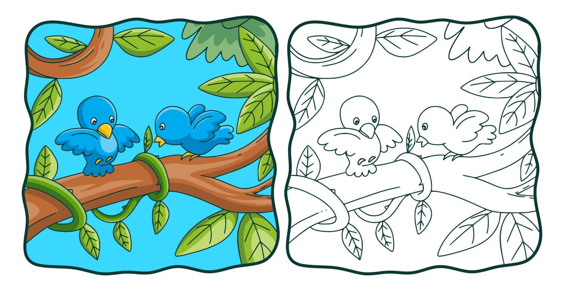 cartoon illustration two birds are on a tree trunk coloring book or page for kids vector