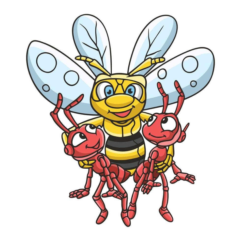 cartoon illustration a bee brings two red ants vector
