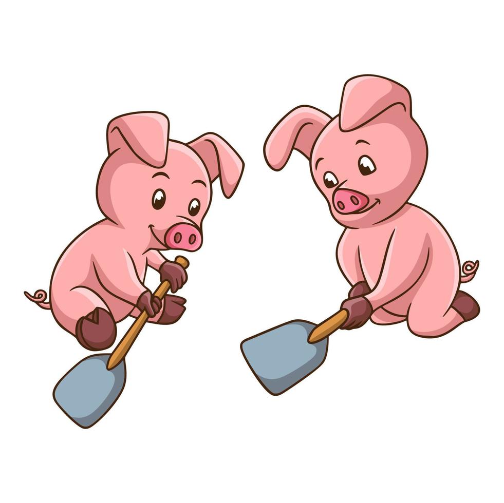 cartoon illustration pigs start digging vector