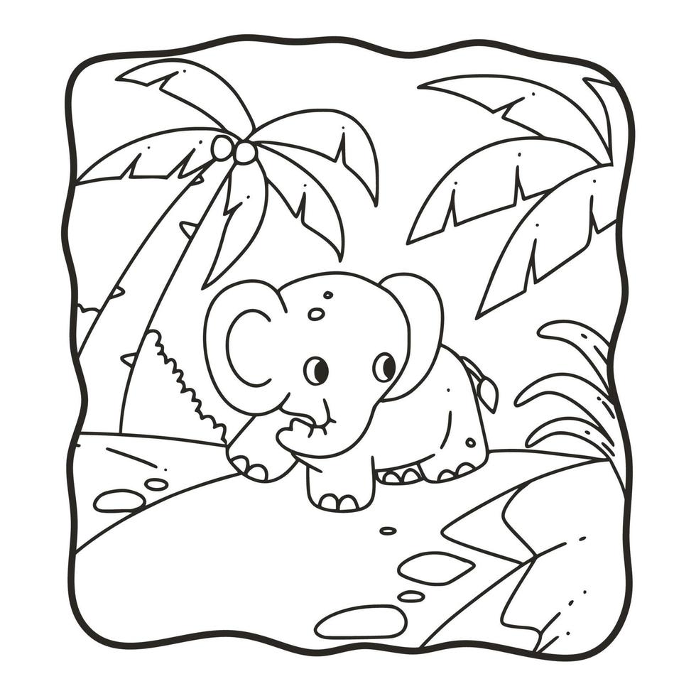 cartoon illustration elephant walking in the forest coloring book or page for kids black and white vector