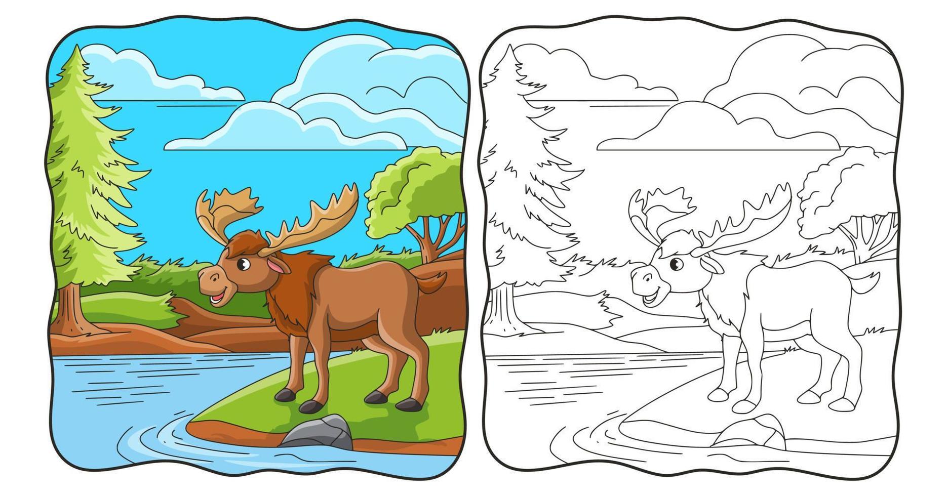 cartoon illustration big deer on the river bank book or page for kids vector