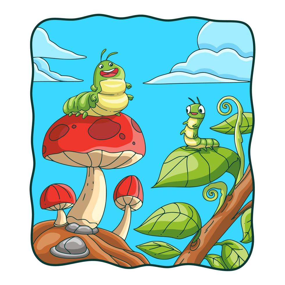 cartoon illustration caterpillar on mushrooms and leaves vector