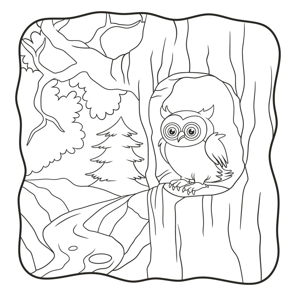 cartoon illustration owl is in front of his house book or page for kids black and white vector