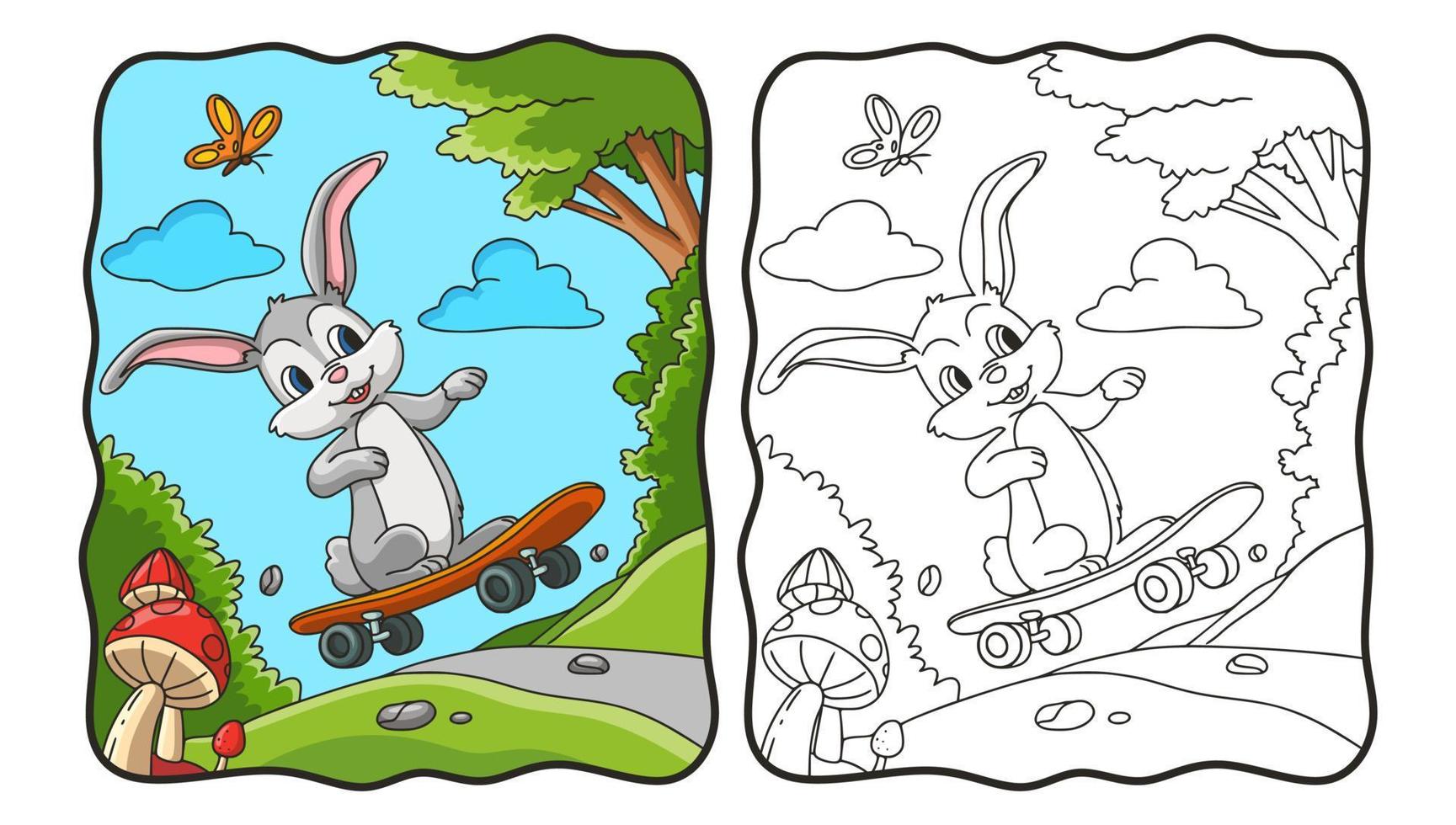 cartoon illustration rabbit skateboarding coloring book or page for kids vector