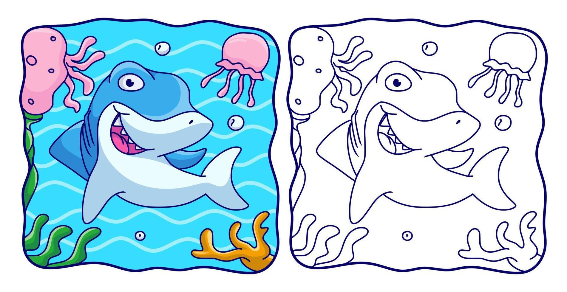 cartoon illustration sharks and jellyfish swimming coloring book or page for kids vector
