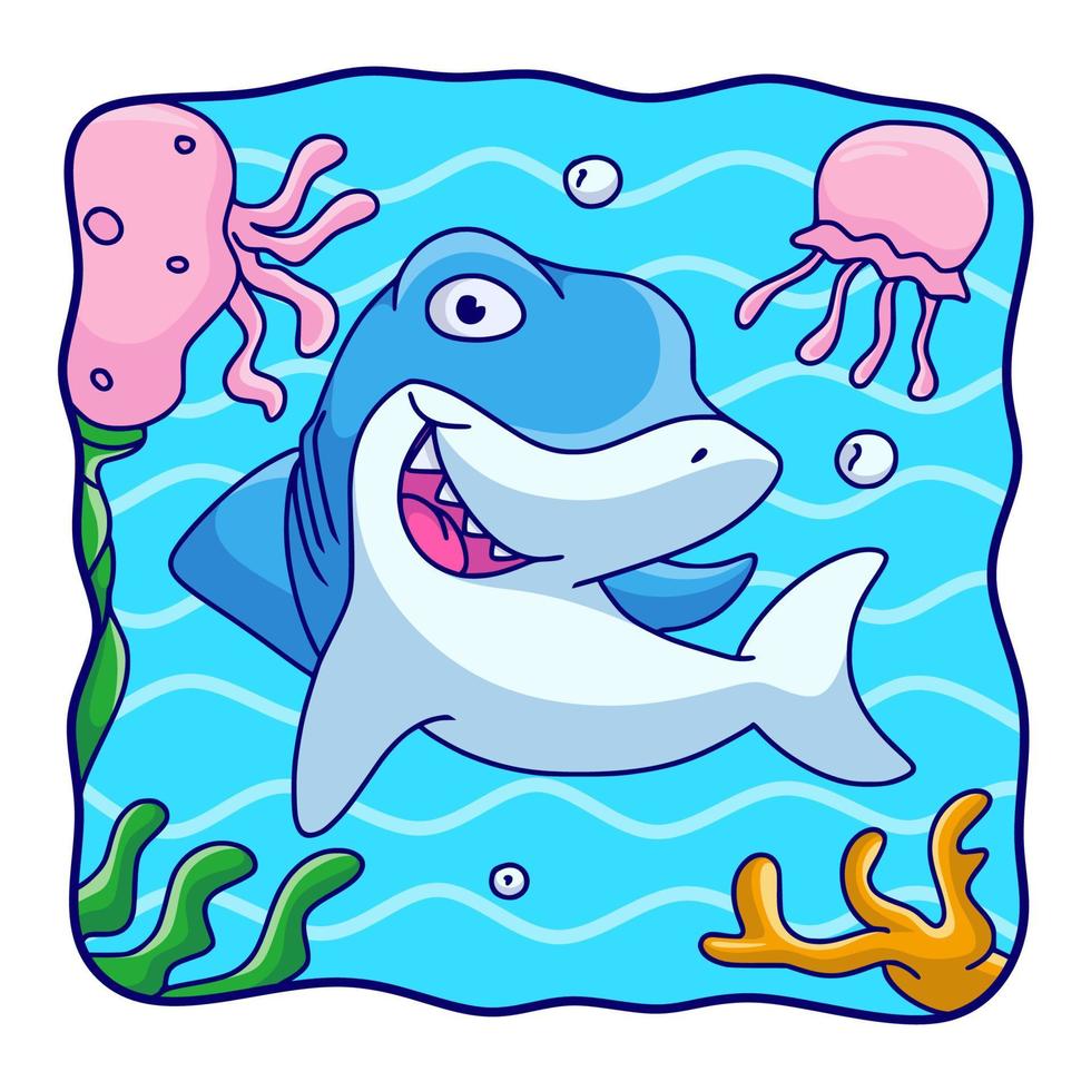 cartoon illustration sharks and jellyfish swimming vector