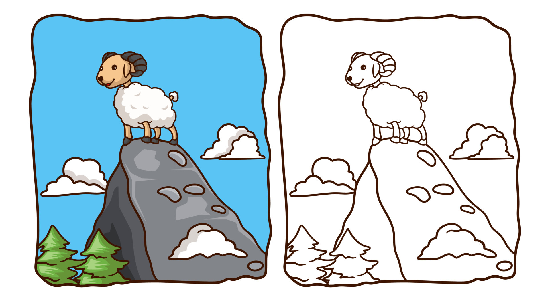 cartoon illustration the sheep is on the big rock coloring book or page for  kids 6656062 Vector Art at Vecteezy