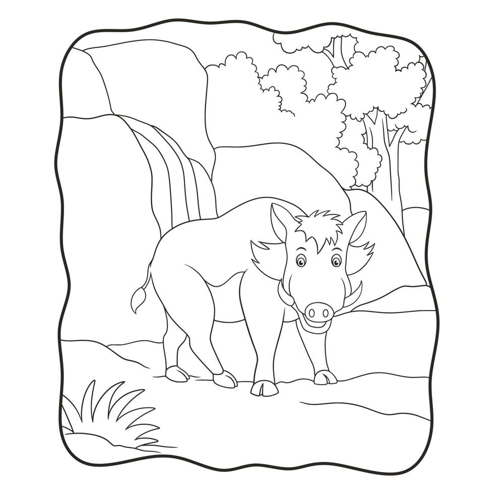 cartoon illustration wild boar walking in the forest book or page for kids black and white vector