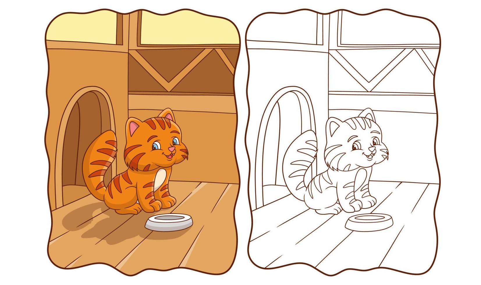 cartoon illustration cat is getting ready to eat with his plate book or page for kids vector
