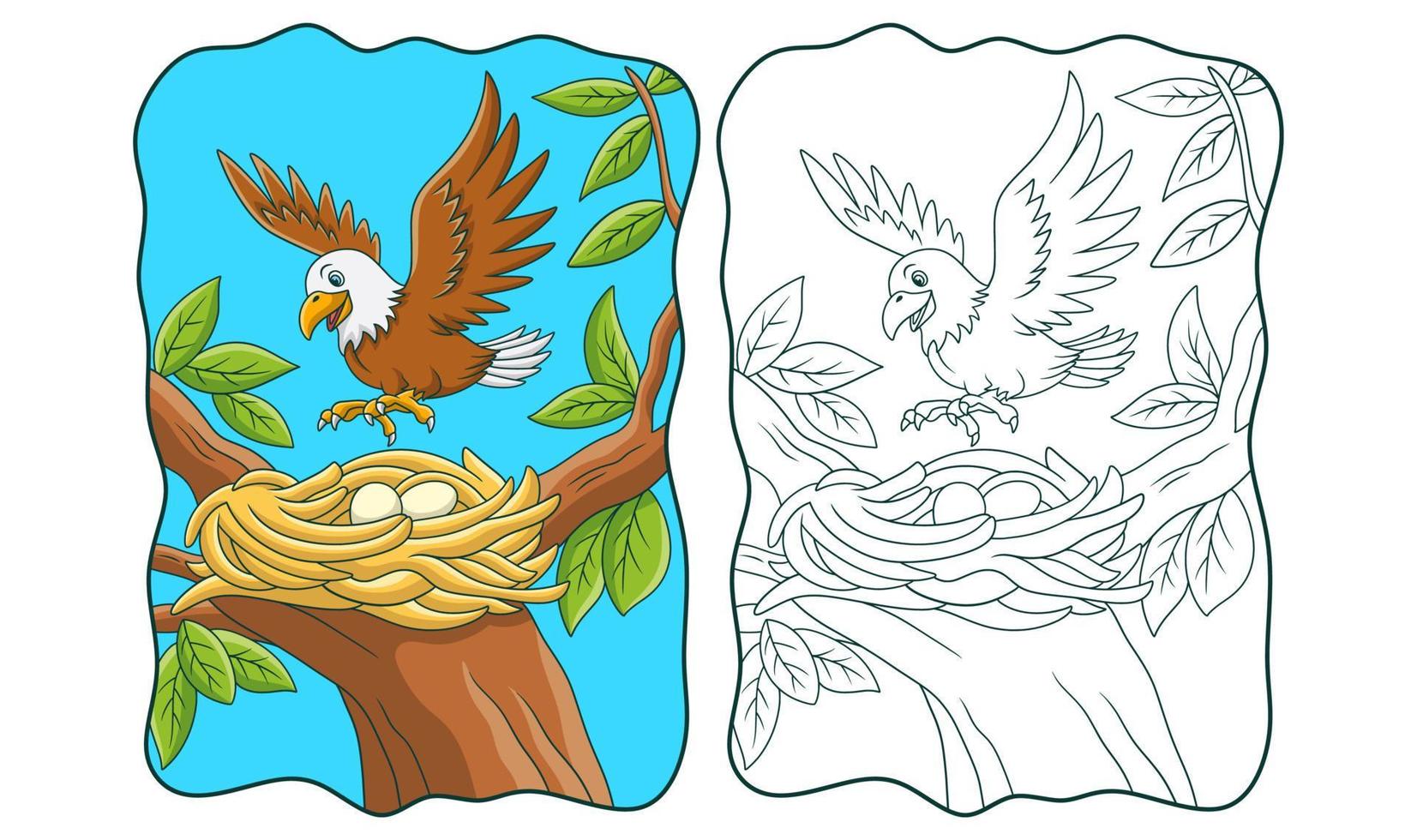 cartoon illustration the eagle perched on its nest in the tree book or page for kids vector