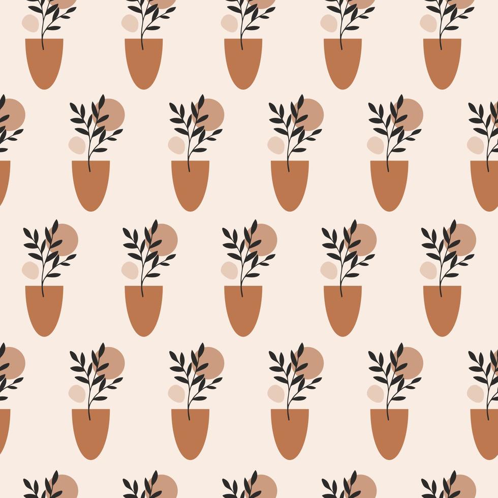 Modern abstract aesthetic seamless pattern with geometric balance shapes and branch in boho style. Mid century vector print for cover, wallpaper, card, textile, interior decor