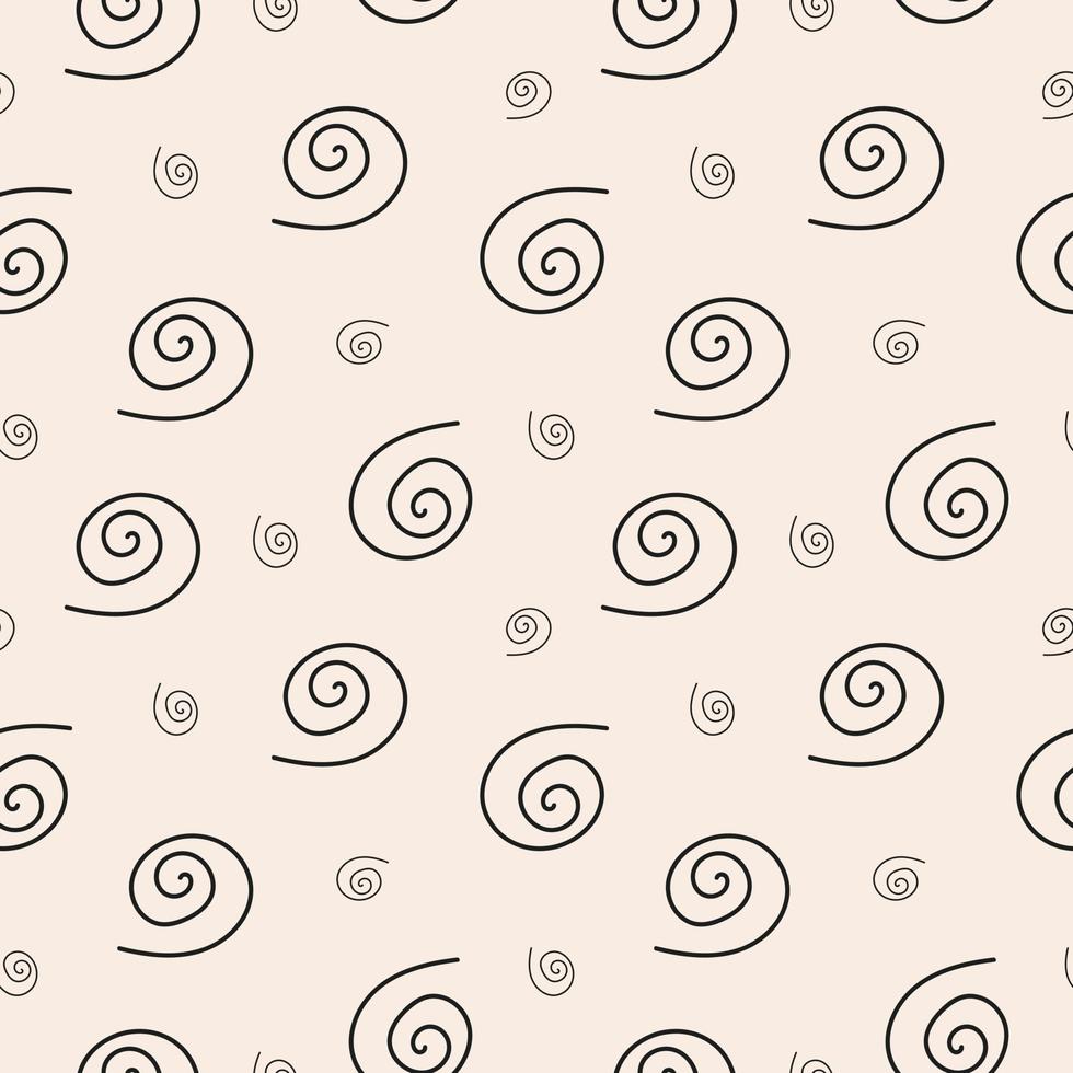 Stylish abstract seamless pattern with black geometric linear spirals or curles on pastel background. Modern vector doodle design