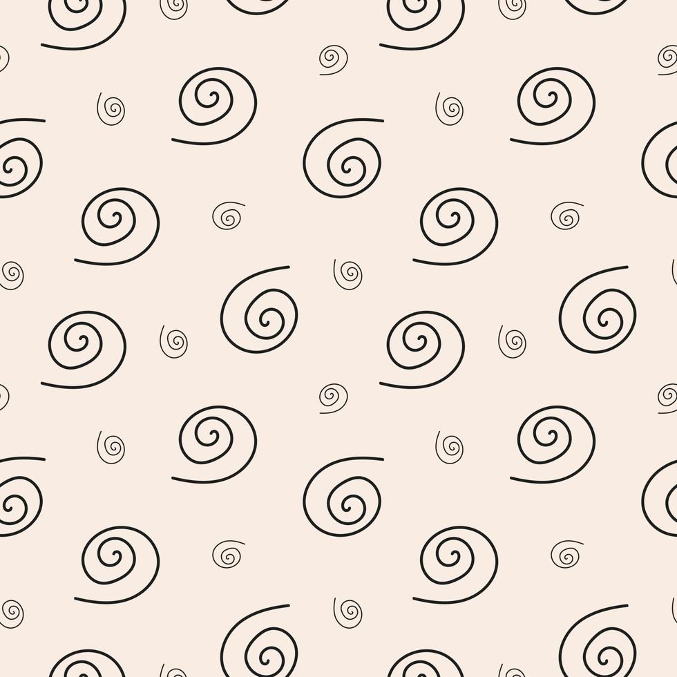 Stylish abstract seamless pattern with black geometric linear spirals or curles on pastel background. Modern vector doodle design
