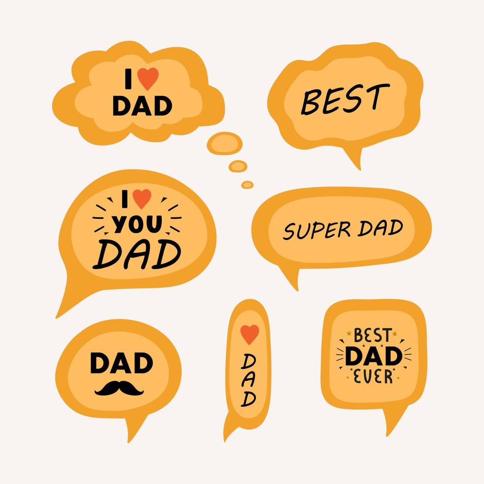 Modern vector quote with speech bubble background isolated on white background. Father's Day cartoon design. I love DAD, best DAD ever, super DAD bubble set