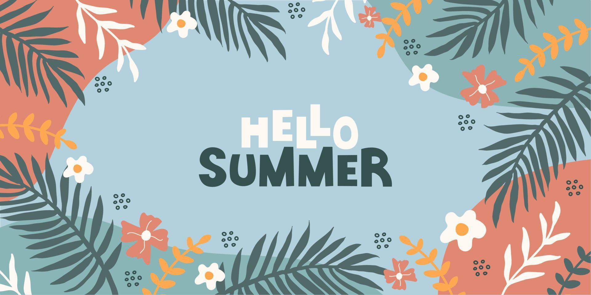 Hello summer colorful banner background with tropical leaves, flowers and lettering on blue background. Modern summer design. Vector illustration