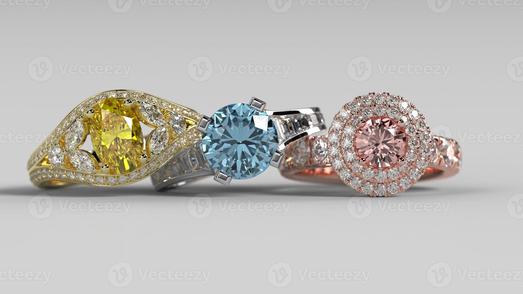 solitaire halo and three stone engagement ring in 3 metal colors with beautiful background 3d render photo
