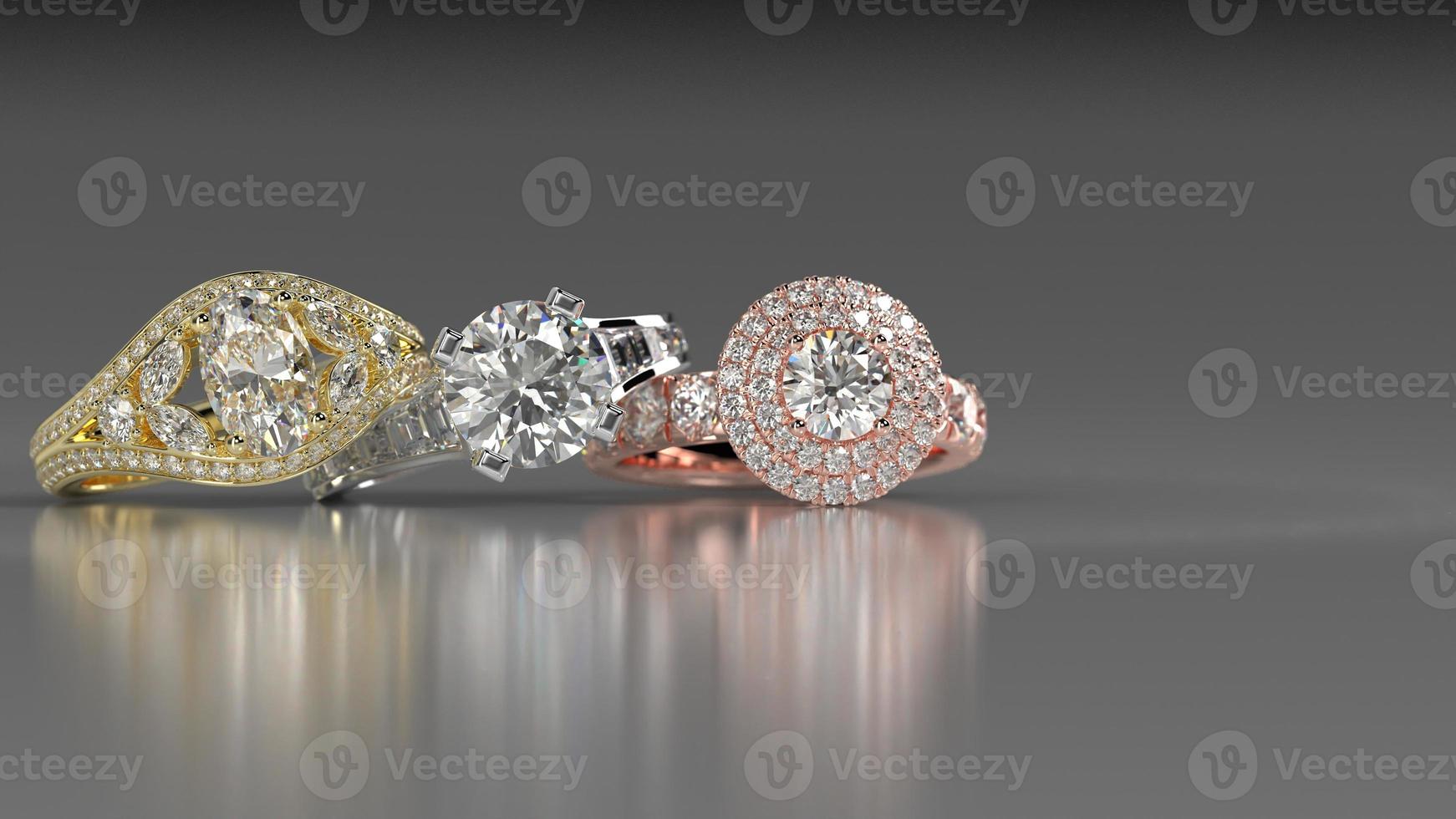 solitaire halo and three stone engagement ring in 3 metal colors with beautiful background 3d render photo