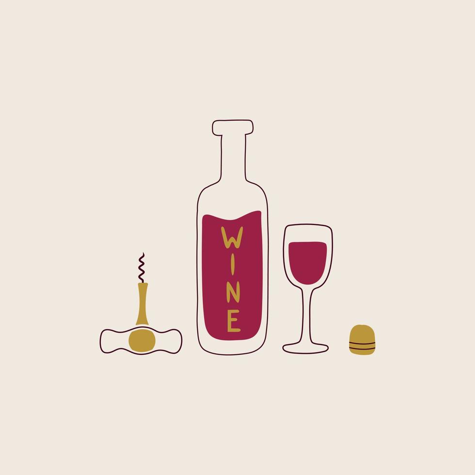 botella de vino, vidrio, sacacorchos y corcho aislado sobre fondo pastel. vista lateral. elemento de diseño vectorial moderno dibujado a mano para etiquetas y carteles, diseño de tarjetas vector