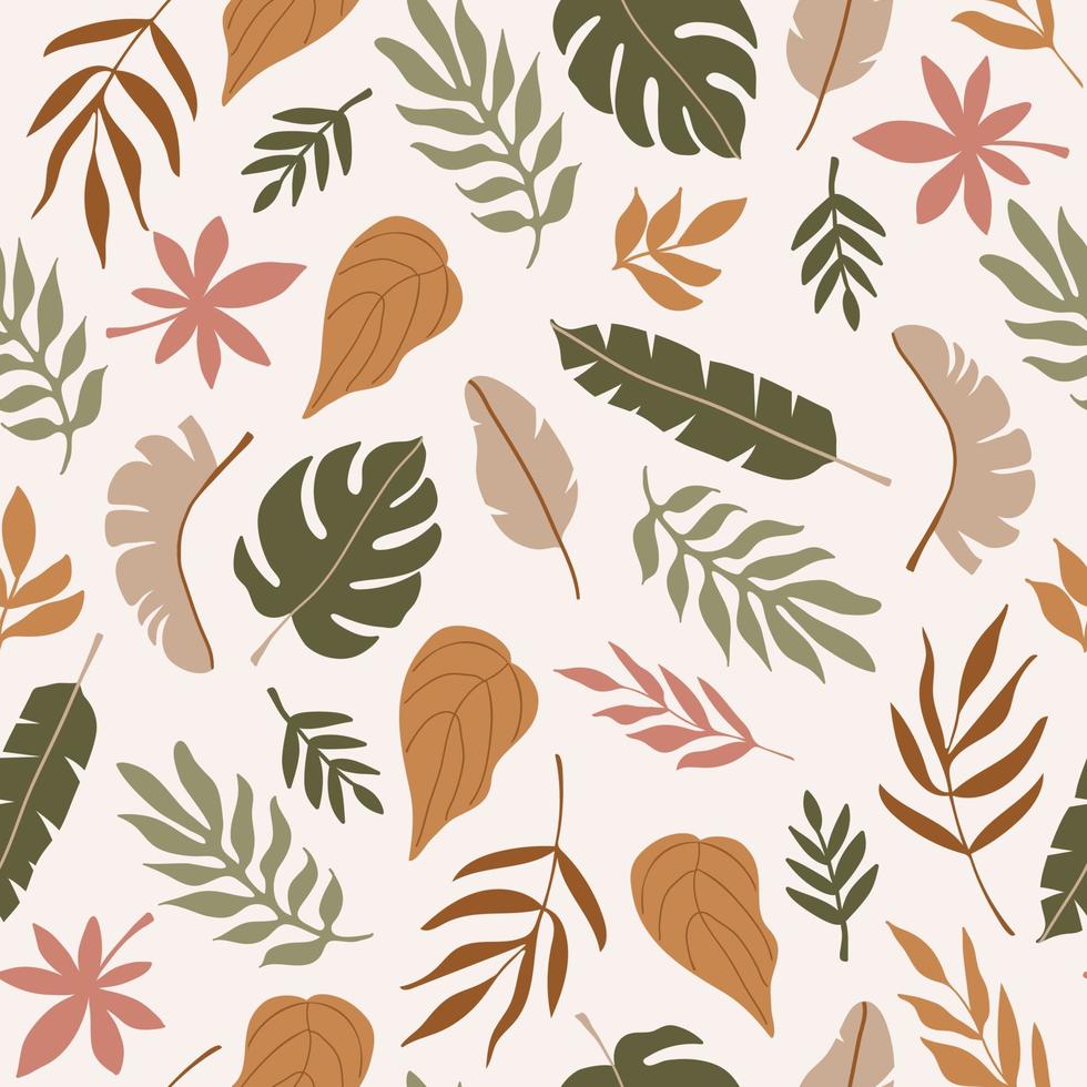 patrón moderno colorido sin costuras de diferentes hojas tropicales abstractas sobre fondo pastel. Ilustración de vector de moda contemporánea botánica.