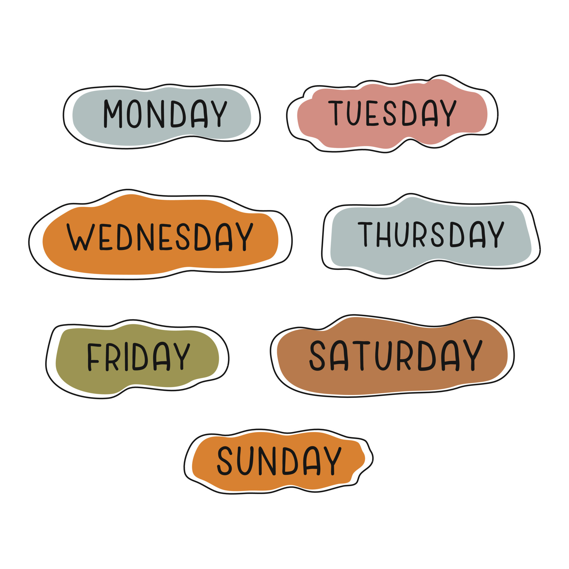 Handwritten days of the week monday, tuesday, wednesday, thursday, friday, saturday  sunday. Modern colorful design for calendar, weekly plan, organizer. Vector  illustration 6656246 Vector Art at Vecteezy