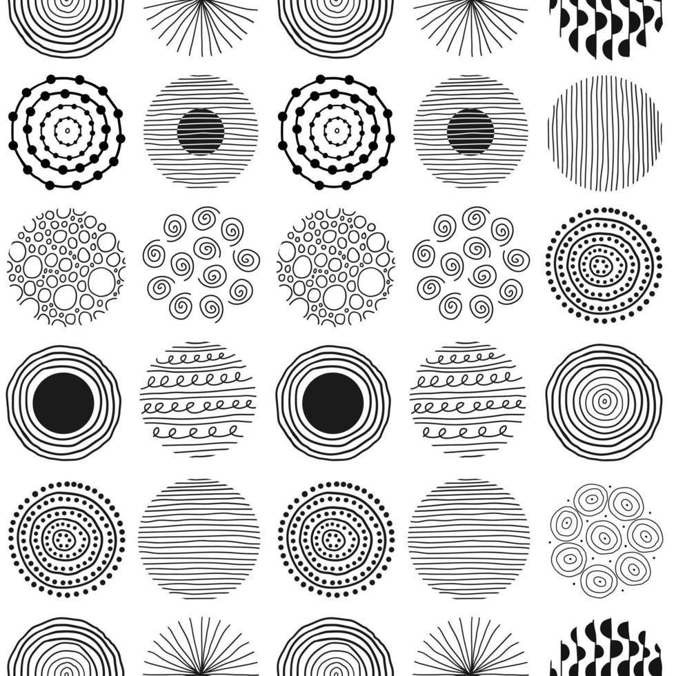Modern abstract seamless pattern with black round shapes of lines, circles, drops on white background. Vector hand drawn illustration