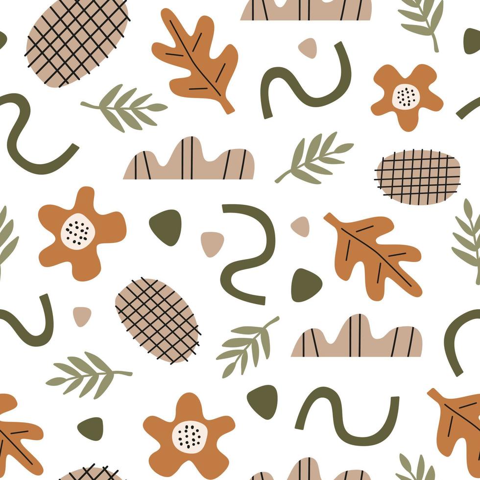 Organic seamless pattern with colorful tropical shapes, lines and plants on white background. Modern natural vector design.