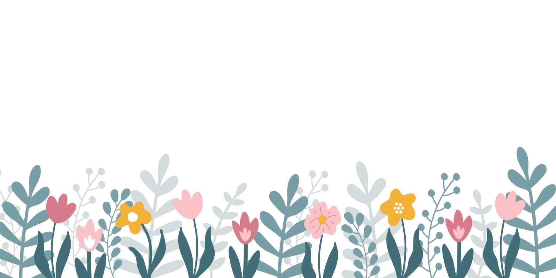 Vector floral horizontal banner with hand drawn flowers and leaves and copy space for text on white background.