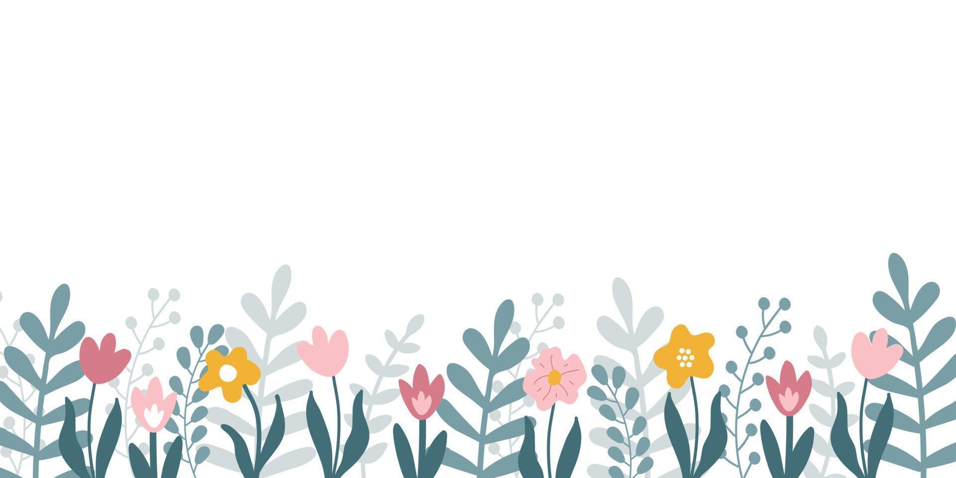 banner horizontal floral vectorial con flores y hojas dibujadas a mano y espacio de copia para texto sobre fondo blanco. vector