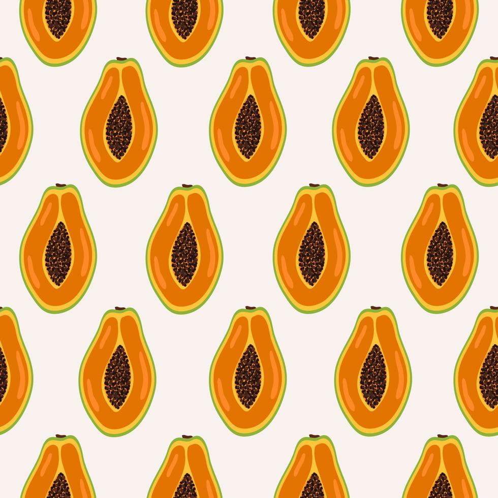 Abstract seamless pattern with fresh exotic half papaya fruit on pastel background. Organic summer fruit. Trendy vector illustration