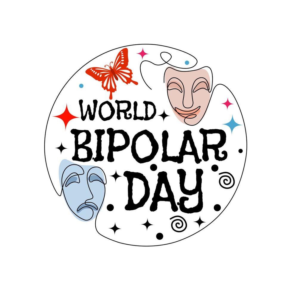 diseño para el día mundial del trastorno bipolar, conexión de pensamientos de salud mental con trastorno bipolar, caras felices y tristes, dibujo de línea continua. vector