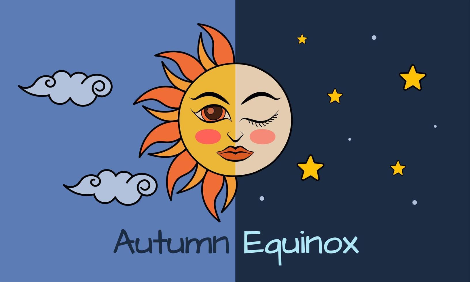 ilustración vectorial de medio sol y media luna como equinoccio de otoño, día y noche igual a 12 horas. astronomía de principios de otoño. las noches se vuelven más largas que los días en el hemisferio norte. vector