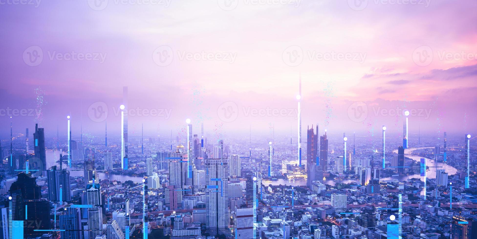 Digital technology modern city network in cyber punk theme color concept photo