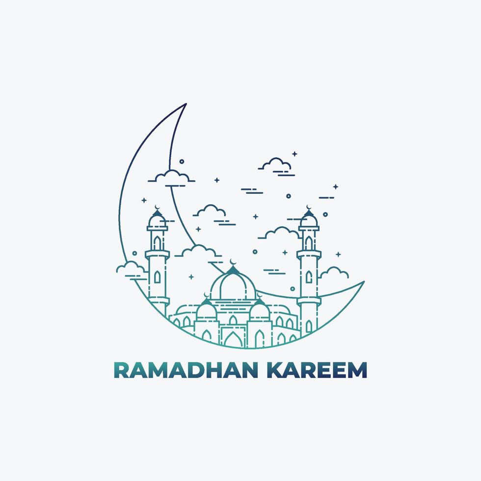 Creative Illustration of a Mosque and moon in line art style. Ramadhan Kareem design. Ramadhan Kareem background, celebration vector