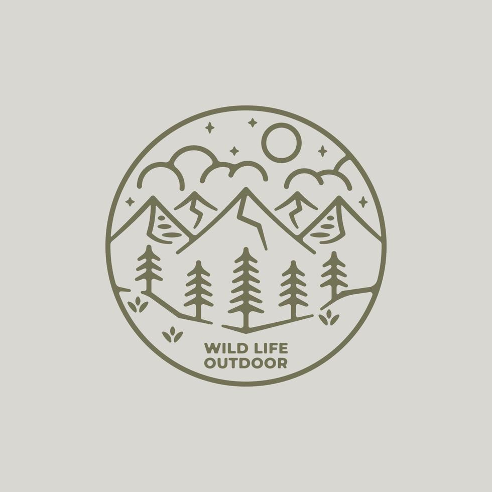 montaña al aire libre en estilo de arte lineal, ilustración vectorial de diseño monoline. medianoche en la montaña al aire libre. plantilla de logotipo de montaña vector