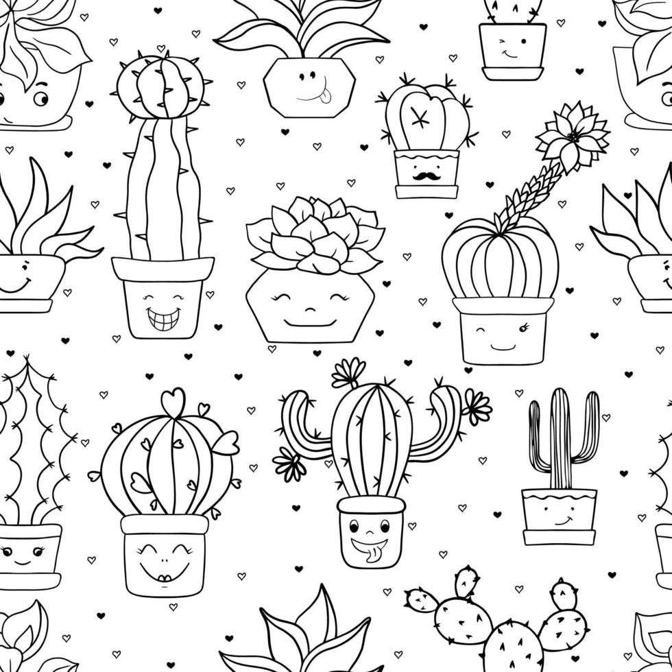 Seamless cute black and white sketch plants isolated on white background. Cactus with funny smiley faces. Hand drawn ink illustration, line drawing vector