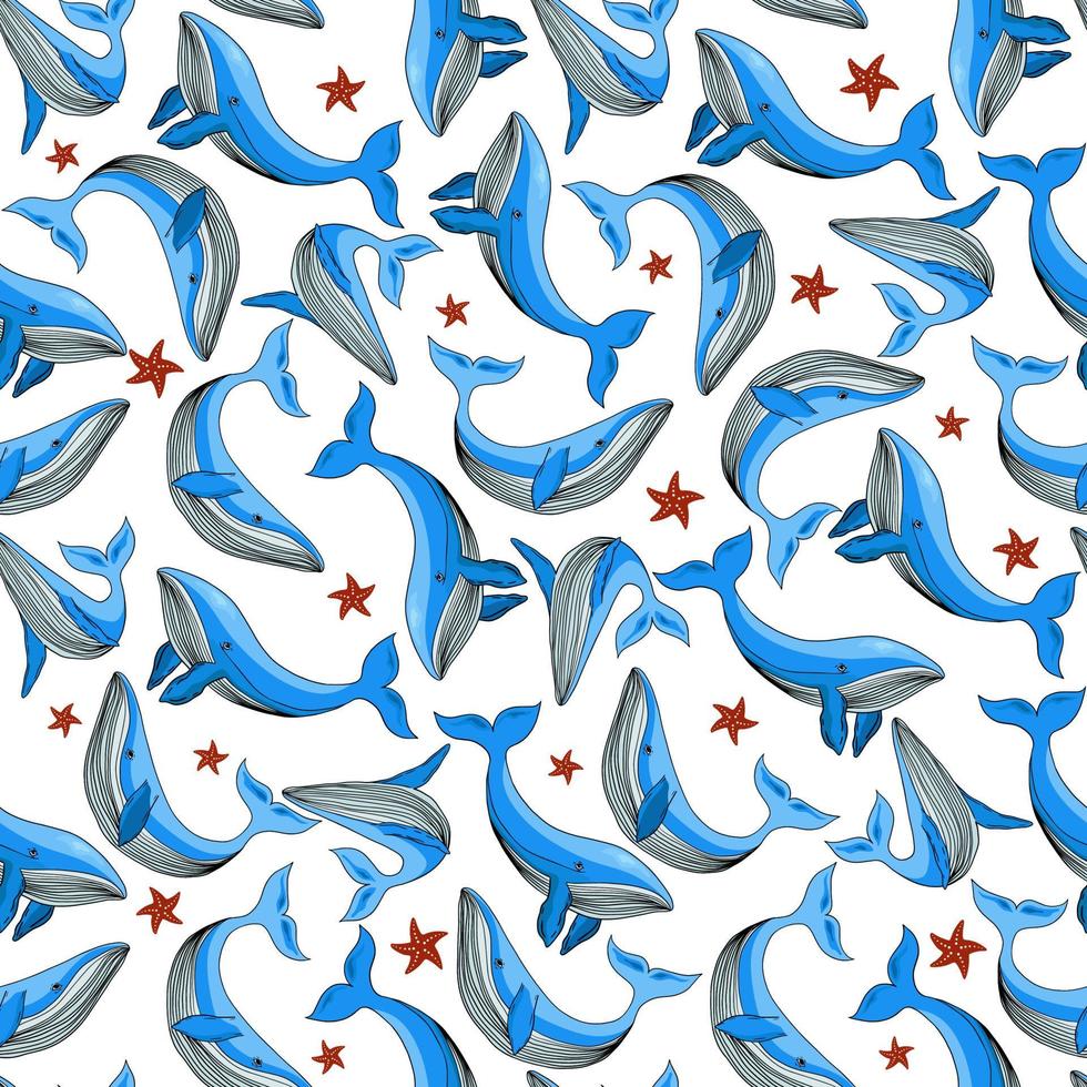Blue cartoon whales with starfishs, seamless pattern. vector