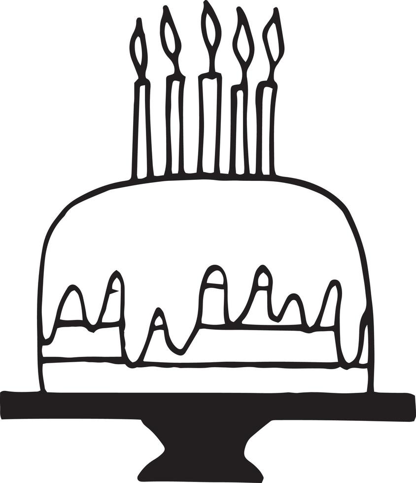 pastel con velas en un icono de soporte. estilo de garabato dibujado a mano. , minimalismo, monocromo, boceto. comida, dulces, postre cumpleaños vacaciones vector