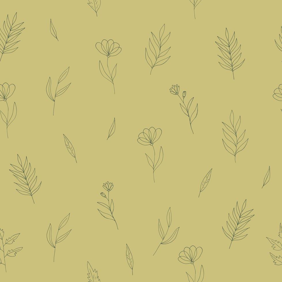 flowers seamless pattern hand drawn doodle. vector, minimalism, scandinavian, monochrome, trendy colors 2022. simple abstract plants. wallpaper, wrapping paper, textiles, background. vector